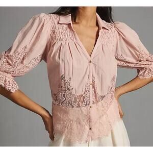 Anthropologie Victorian Sheer-Lace Light Pink Blouse Sz XXS